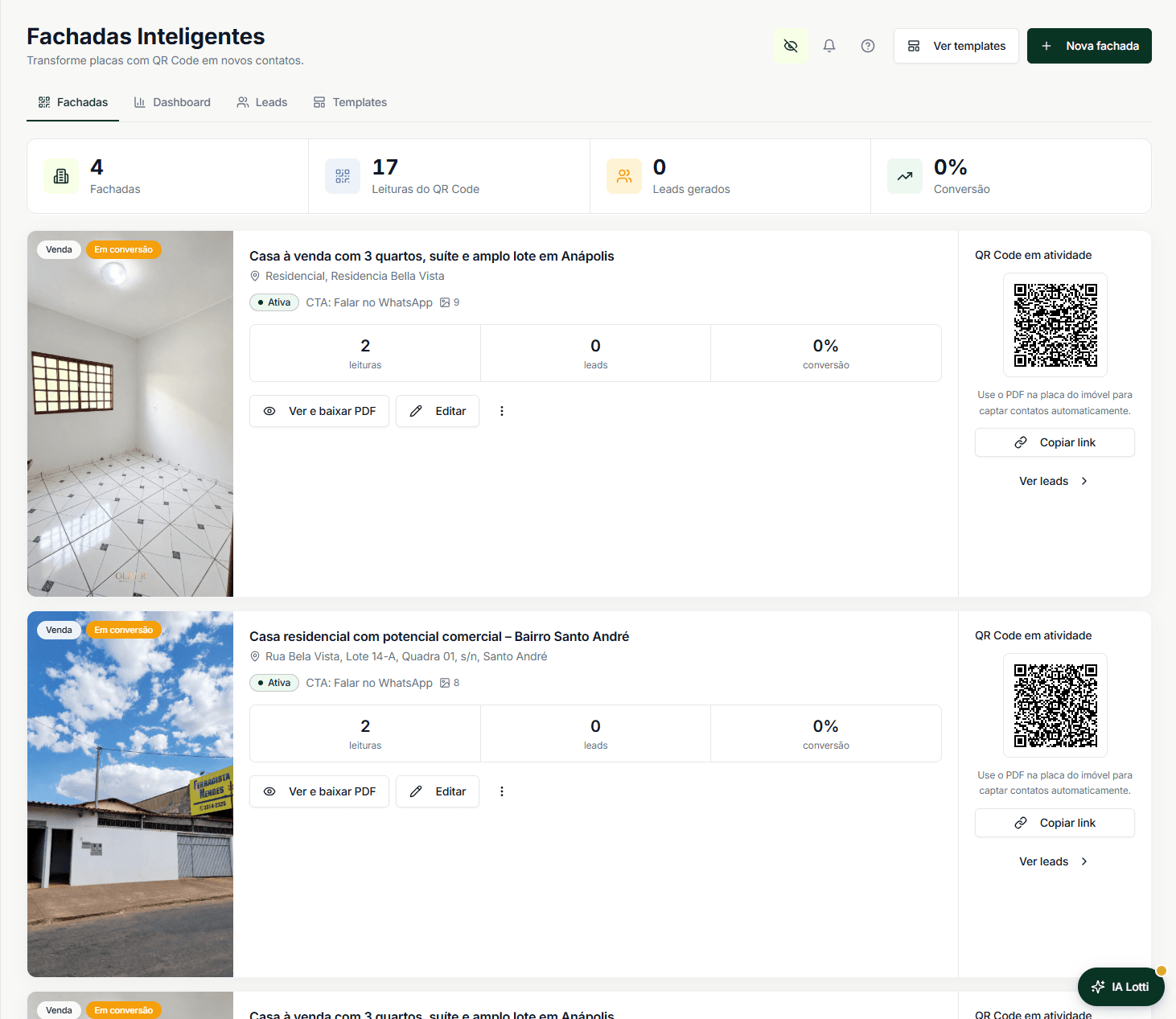 Painel de Fachadas Inteligentes com métricas, cards de imóveis e QR Code em atividade